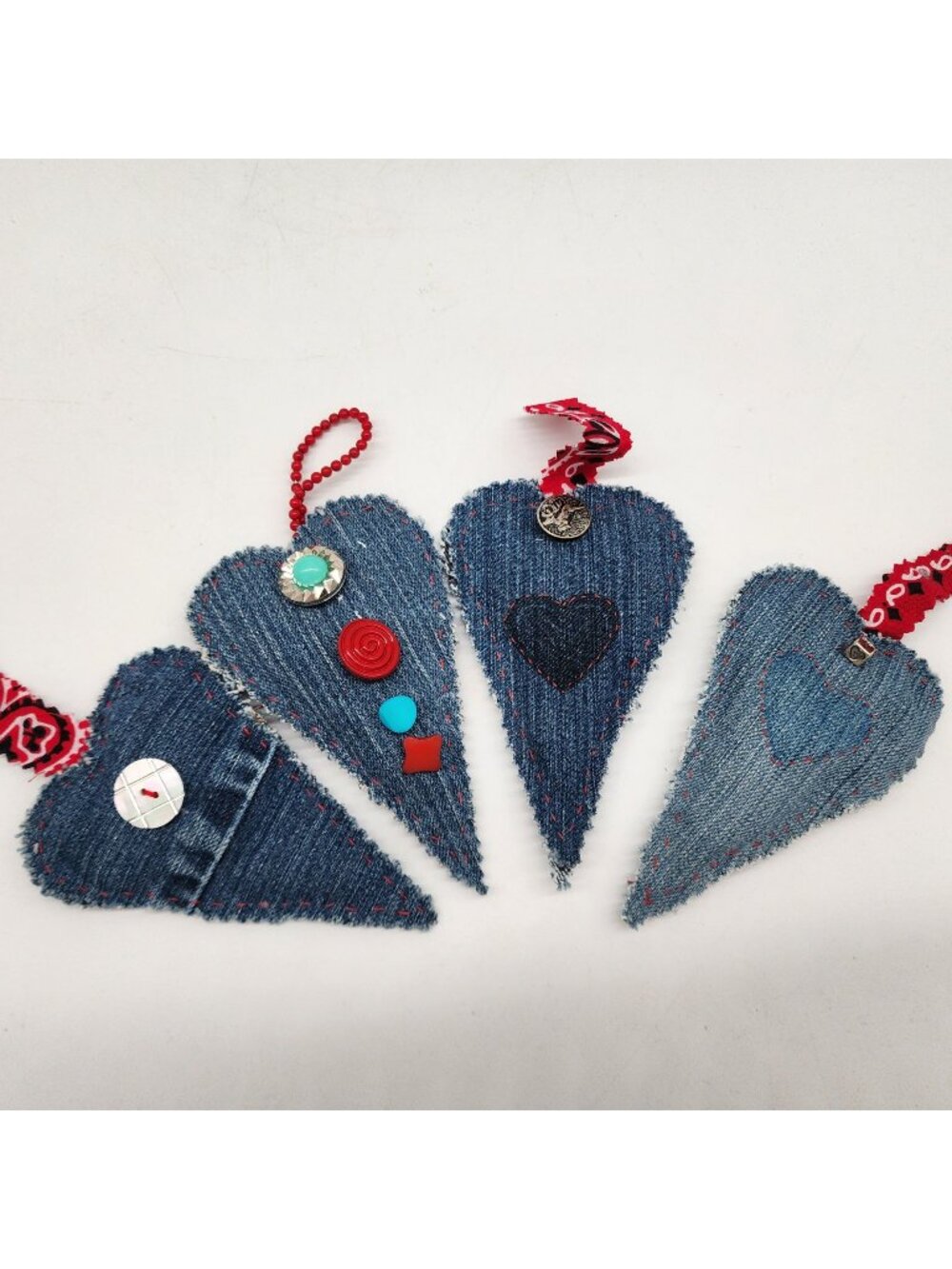 Denim Hanging Heart Ornaments Embellished Buttons Beads Embroidery Handmade